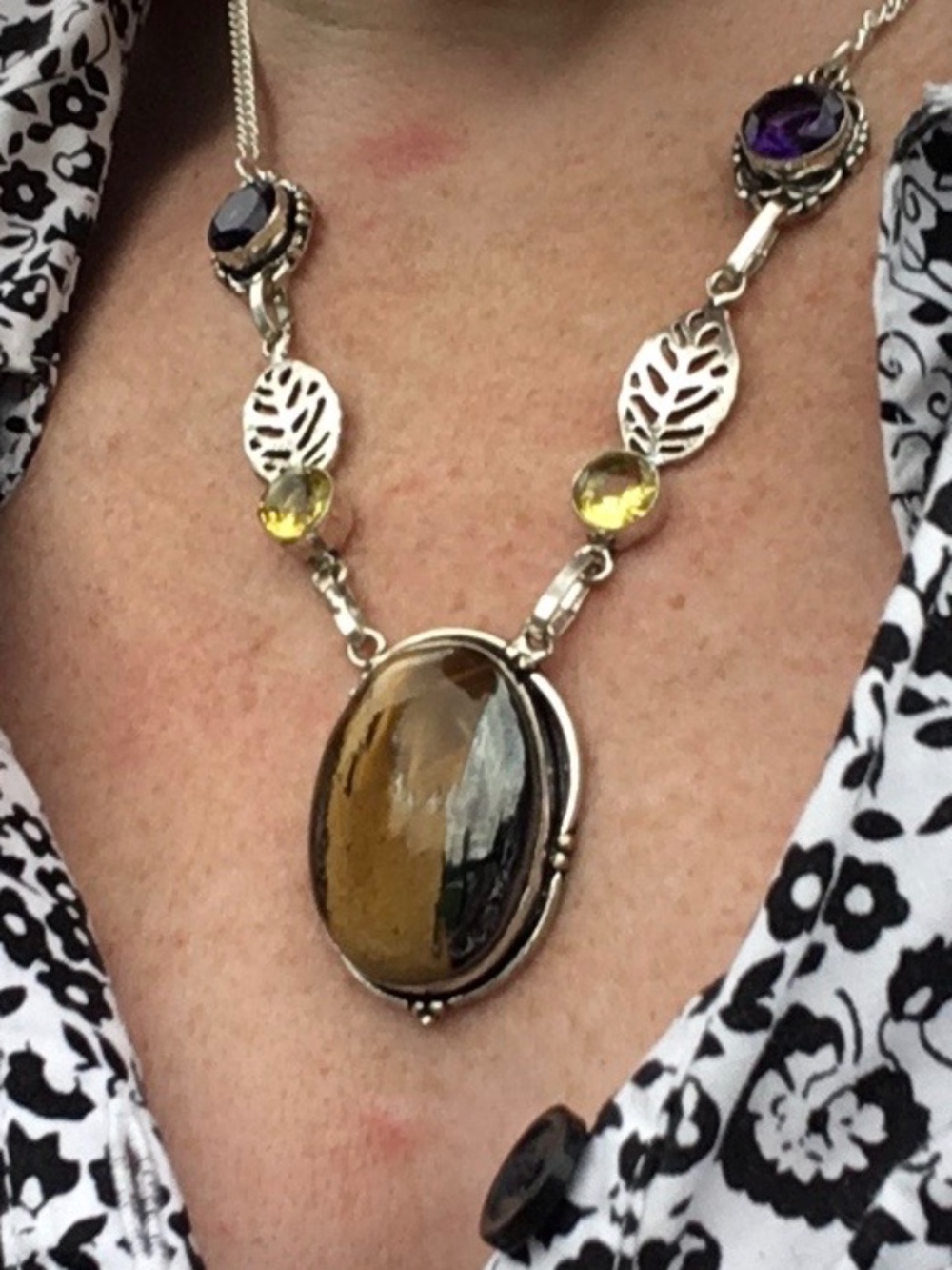 Boho Tigers Eye, Citrine , and Amethyst Necklace in 925 Stamped Silver